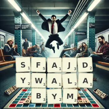 Kreatywna ilustracja do gry w Scrabble ze słowem SFAJDYWALABYM ułożonym z płytek na planszy.