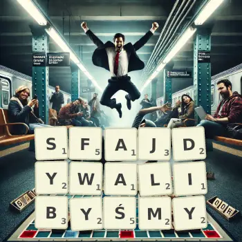 Kreatywna ilustracja do gry w Scrabble ze słowem SFAJDYWALIBYŚMY ułożonym z płytek na planszy.