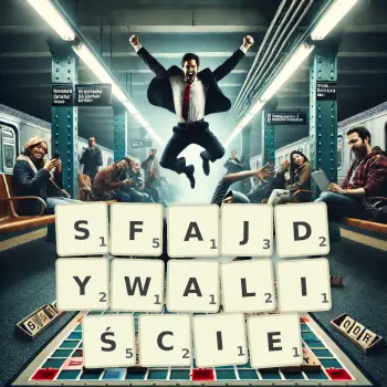 Kreatywna ilustracja do gry w Scrabble ze słowem SFAJDYWALIŚCIE ułożonym z płytek na planszy.