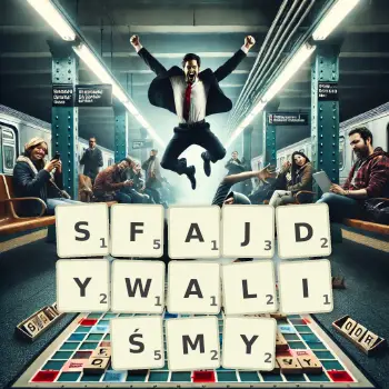 Kreatywna ilustracja do gry w Scrabble ze słowem SFAJDYWALIŚMY ułożonym z płytek na planszy.