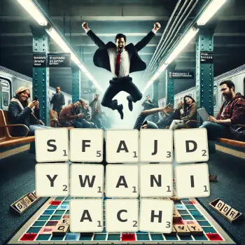 Kreatywna ilustracja do gry w Scrabble ze słowem SFAJDYWANIACH ułożonym z płytek na planszy.