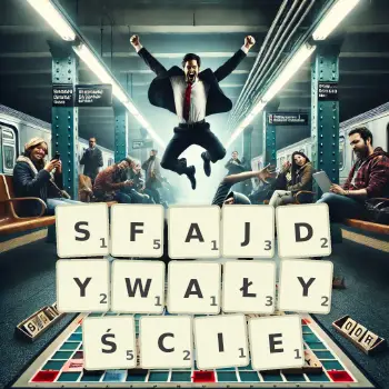 Kreatywna ilustracja do gry w Scrabble ze słowem SFAJDYWAŁYŚCIE ułożonym z płytek na planszy.