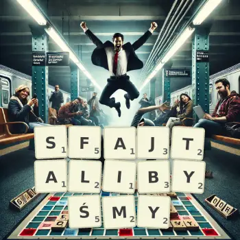 Kreatywna ilustracja do gry w Scrabble ze słowem SFAJTALIBYŚMY ułożonym z płytek na planszy.