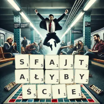 Kreatywna ilustracja do gry w Scrabble ze słowem SFAJTAŁYBYŚCIE ułożonym z płytek na planszy.