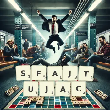 Kreatywna ilustracja do gry w Scrabble ze słowem SFAJTUJĄC ułożonym z płytek na planszy.