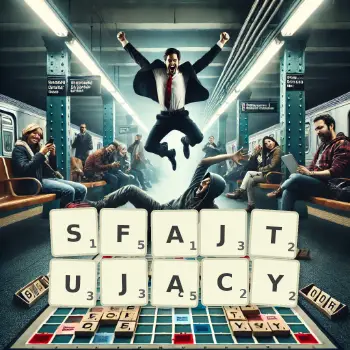 Kreatywna ilustracja do gry w Scrabble ze słowem SFAJTUJĄCY ułożonym z płytek na planszy.