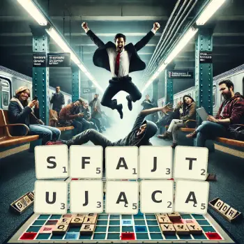 Kreatywna ilustracja do gry w Scrabble ze słowem SFAJTUJĄCĄ ułożonym z płytek na planszy.