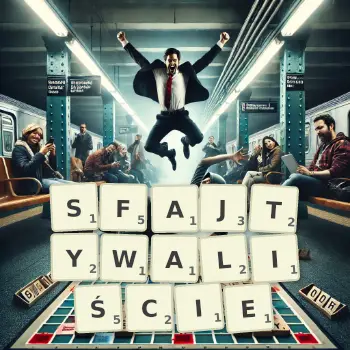 Kreatywna ilustracja do gry w Scrabble ze słowem SFAJTYWALIŚCIE ułożonym z płytek na planszy.
