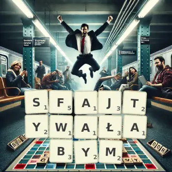 Kreatywna ilustracja do gry w Scrabble ze słowem SFAJTYWAŁABYM ułożonym z płytek na planszy.