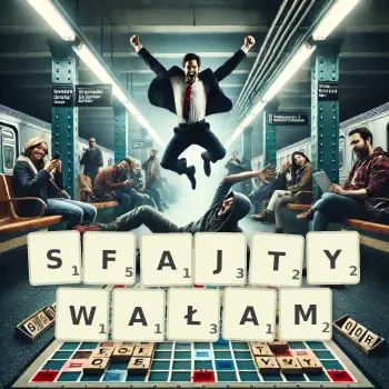 Kreatywna ilustracja do gry w Scrabble ze słowem SFAJTYWAŁAM ułożonym z płytek na planszy.