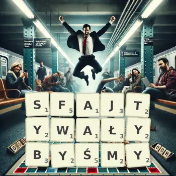 Kreatywna ilustracja do gry w Scrabble ze słowem SFAJTYWAŁYBYŚMY ułożonym z płytek na planszy.