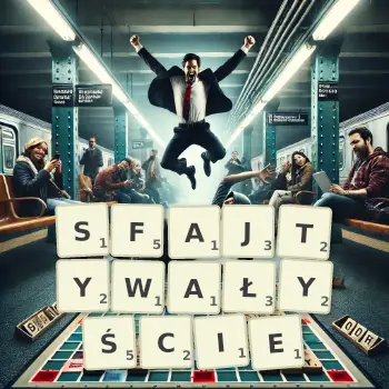 Kreatywna ilustracja do gry w Scrabble ze słowem SFAJTYWAŁYŚCIE ułożonym z płytek na planszy.