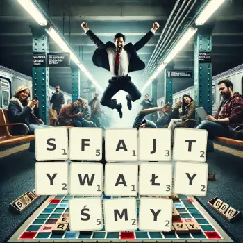 Kreatywna ilustracja do gry w Scrabble ze słowem SFAJTYWAŁYŚMY ułożonym z płytek na planszy.