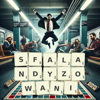 Kreatywna ilustracja do gry w Scrabble ze słowem SFALANDYZOWANI ułożonym z płytek na planszy.