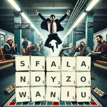 Kreatywna ilustracja do gry w Scrabble ze słowem SFALANDYZOWANIU ułożonym z płytek na planszy.