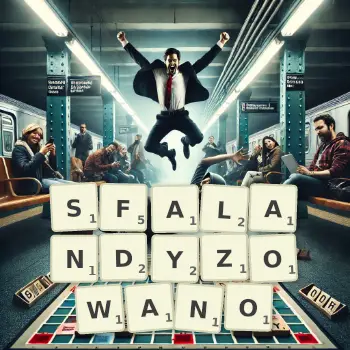 Kreatywna ilustracja do gry w Scrabble ze słowem SFALANDYZOWANO ułożonym z płytek na planszy.