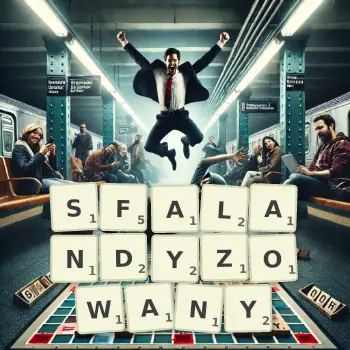 Kreatywna ilustracja do gry w Scrabble ze słowem SFALANDYZOWANY ułożonym z płytek na planszy.