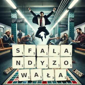 Kreatywna ilustracja do gry w Scrabble ze słowem SFALANDYZOWAŁA ułożonym z płytek na planszy.