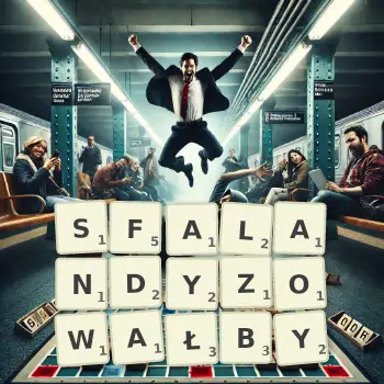 Kreatywna ilustracja do gry w Scrabble ze słowem SFALANDYZOWAŁBY ułożonym z płytek na planszy.