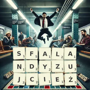 Kreatywna ilustracja do gry w Scrabble ze słowem SFALANDYZUJCIEŻ ułożonym z płytek na planszy.