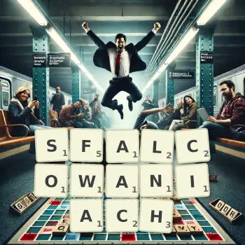 Kreatywna ilustracja do gry w Scrabble ze słowem SFALCOWANIACH ułożonym z płytek na planszy.