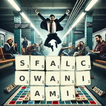 Kreatywna ilustracja do gry w Scrabble ze słowem SFALCOWANIAMI ułożonym z płytek na planszy.