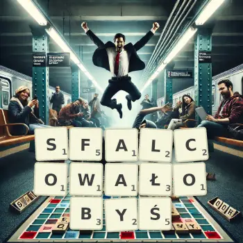 Kreatywna ilustracja do gry w Scrabble ze słowem SFALCOWAŁOBYŚ ułożonym z płytek na planszy.