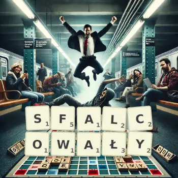 Kreatywna ilustracja do gry w Scrabble ze słowem SFALCOWAŁY ułożonym z płytek na planszy.