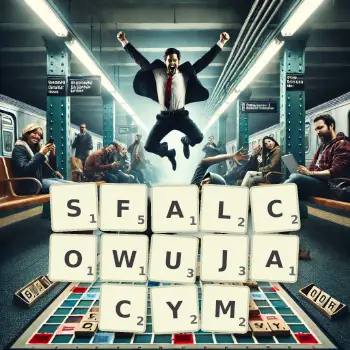 Kreatywna ilustracja do gry w Scrabble ze słowem SFALCOWUJACYM ułożonym z płytek na planszy.