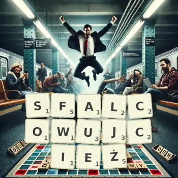 Kreatywna ilustracja do gry w Scrabble ze słowem SFALCOWUJCIEŻ ułożonym z płytek na planszy.