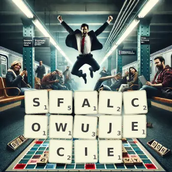 Kreatywna ilustracja do gry w Scrabble ze słowem SFALCOWUJECIE ułożonym z płytek na planszy.