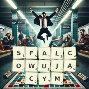 Kreatywna ilustracja do gry w Scrabble ze słowem SFALCOWUJĄCYM ułożonym z płytek na planszy.