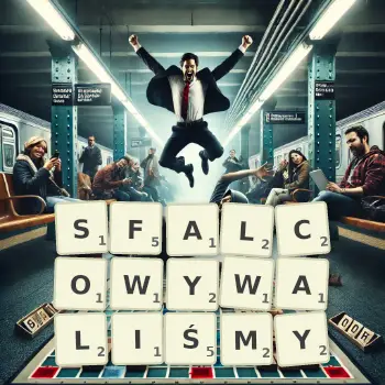 Kreatywna ilustracja do gry w Scrabble ze słowem SFALCOWYWALIŚMY ułożonym z płytek na planszy.