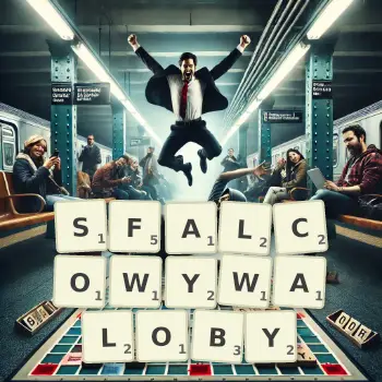 Kreatywna ilustracja do gry w Scrabble ze słowem SFALCOWYWALOBY ułożonym z płytek na planszy.