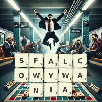 Kreatywna ilustracja do gry w Scrabble ze słowem SFALCOWYWANIA ułożonym z płytek na planszy.