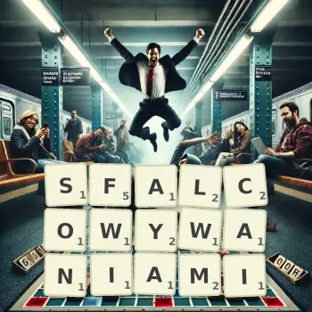 Kreatywna ilustracja do gry w Scrabble ze słowem SFALCOWYWANIAMI ułożonym z płytek na planszy.