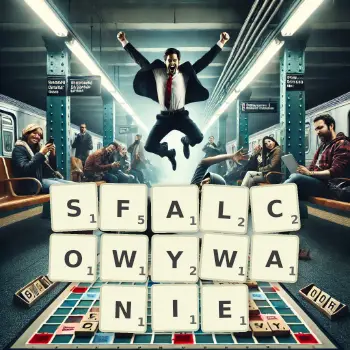 Kreatywna ilustracja do gry w Scrabble ze słowem SFALCOWYWANIE ułożonym z płytek na planszy.