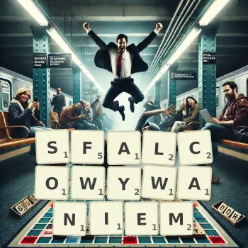 Kreatywna ilustracja do gry w Scrabble ze słowem SFALCOWYWANIEM ułożonym z płytek na planszy.