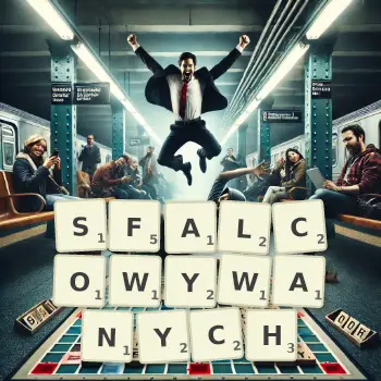 Kreatywna ilustracja do gry w Scrabble ze słowem SFALCOWYWANYCH ułożonym z płytek na planszy.