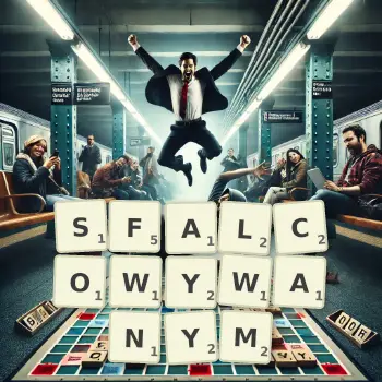 Kreatywna ilustracja do gry w Scrabble ze słowem SFALCOWYWANYM ułożonym z płytek na planszy.