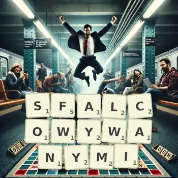 Kreatywna ilustracja do gry w Scrabble ze słowem SFALCOWYWANYMI ułożonym z płytek na planszy.