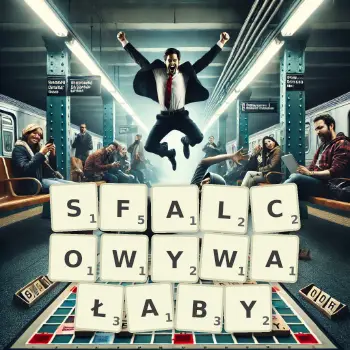 Kreatywna ilustracja do gry w Scrabble ze słowem SFALCOWYWAŁABY ułożonym z płytek na planszy.