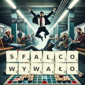 Kreatywna ilustracja do gry w Scrabble ze słowem SFALCOWYWAŁO ułożonym z płytek na planszy.