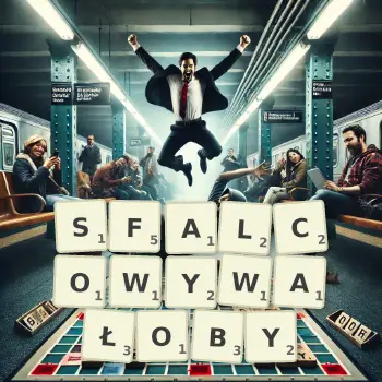 Kreatywna ilustracja do gry w Scrabble ze słowem SFALCOWYWAŁOBY ułożonym z płytek na planszy.