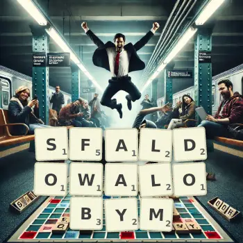 Kreatywna ilustracja do gry w Scrabble ze słowem SFALDOWALOBYM ułożonym z płytek na planszy.