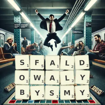 Kreatywna ilustracja do gry w Scrabble ze słowem SFALDOWALYBYSMY ułożonym z płytek na planszy.