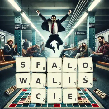 Kreatywna ilustracja do gry w Scrabble ze słowem SFALOWALIŚCIE ułożonym z płytek na planszy.