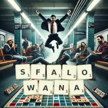 Kreatywna ilustracja do gry w Scrabble ze słowem SFALOWANA ułożonym z płytek na planszy.