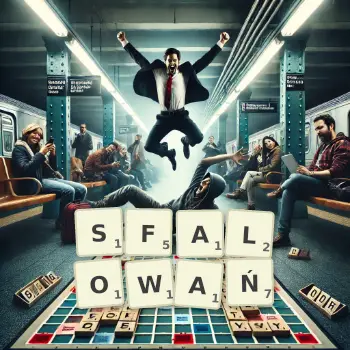 Kreatywna ilustracja do gry w Scrabble ze słowem SFALOWAŃ ułożonym z płytek na planszy.