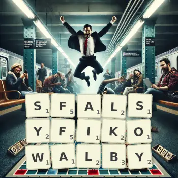 Kreatywna ilustracja do gry w Scrabble ze słowem SFALSYFIKOWALBY ułożonym z płytek na planszy.